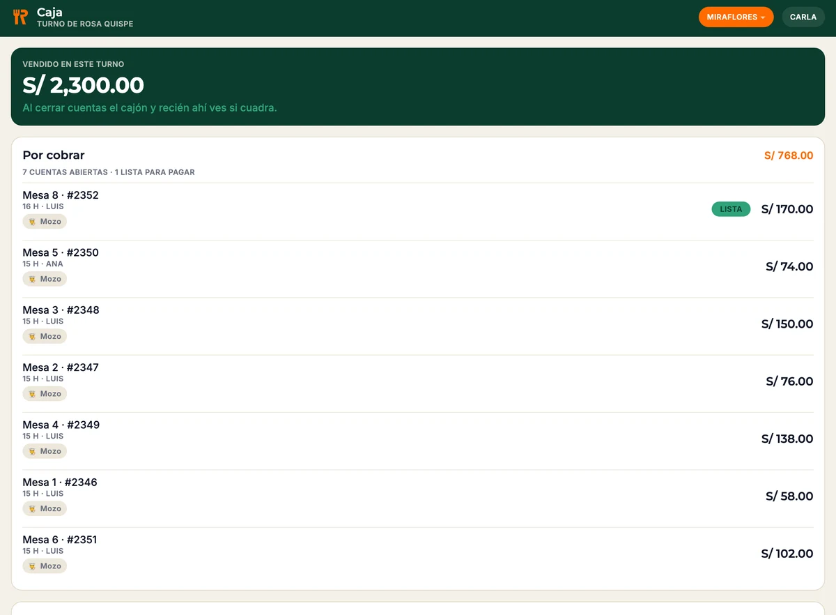 Pantalla de caja con los cobros del turno