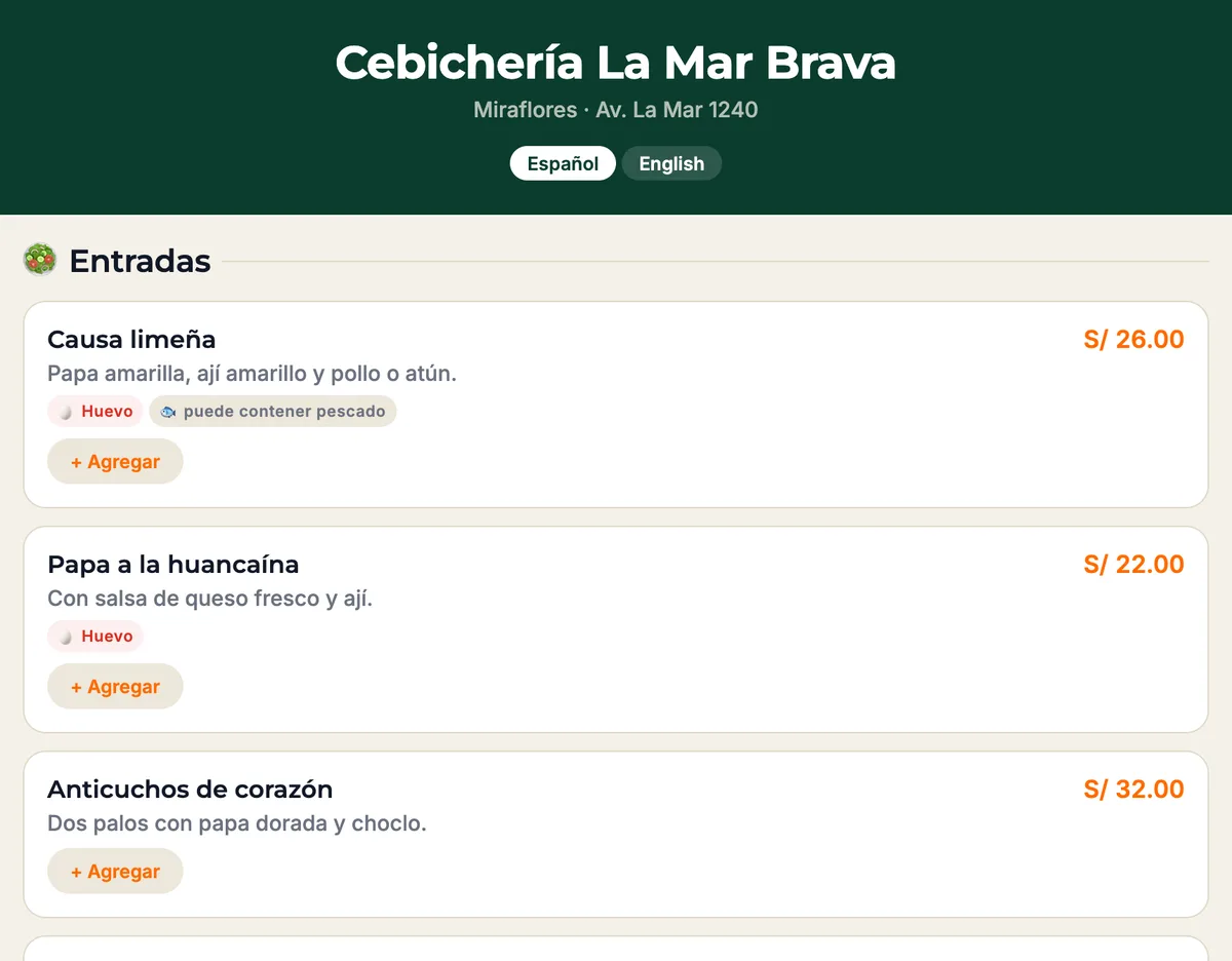 Carta pública de un restaurante en Resteka
